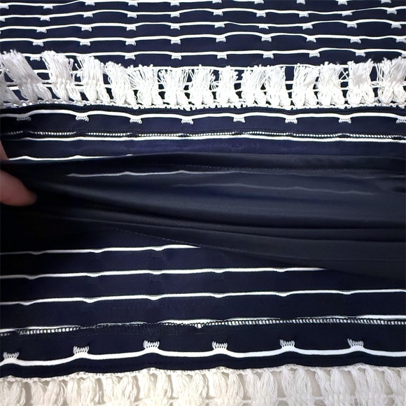 Sara Campbell Navy Stripe Shift Dress Tassel Fringe Hem Fully Lined Stretch M - Picture 5 of 13